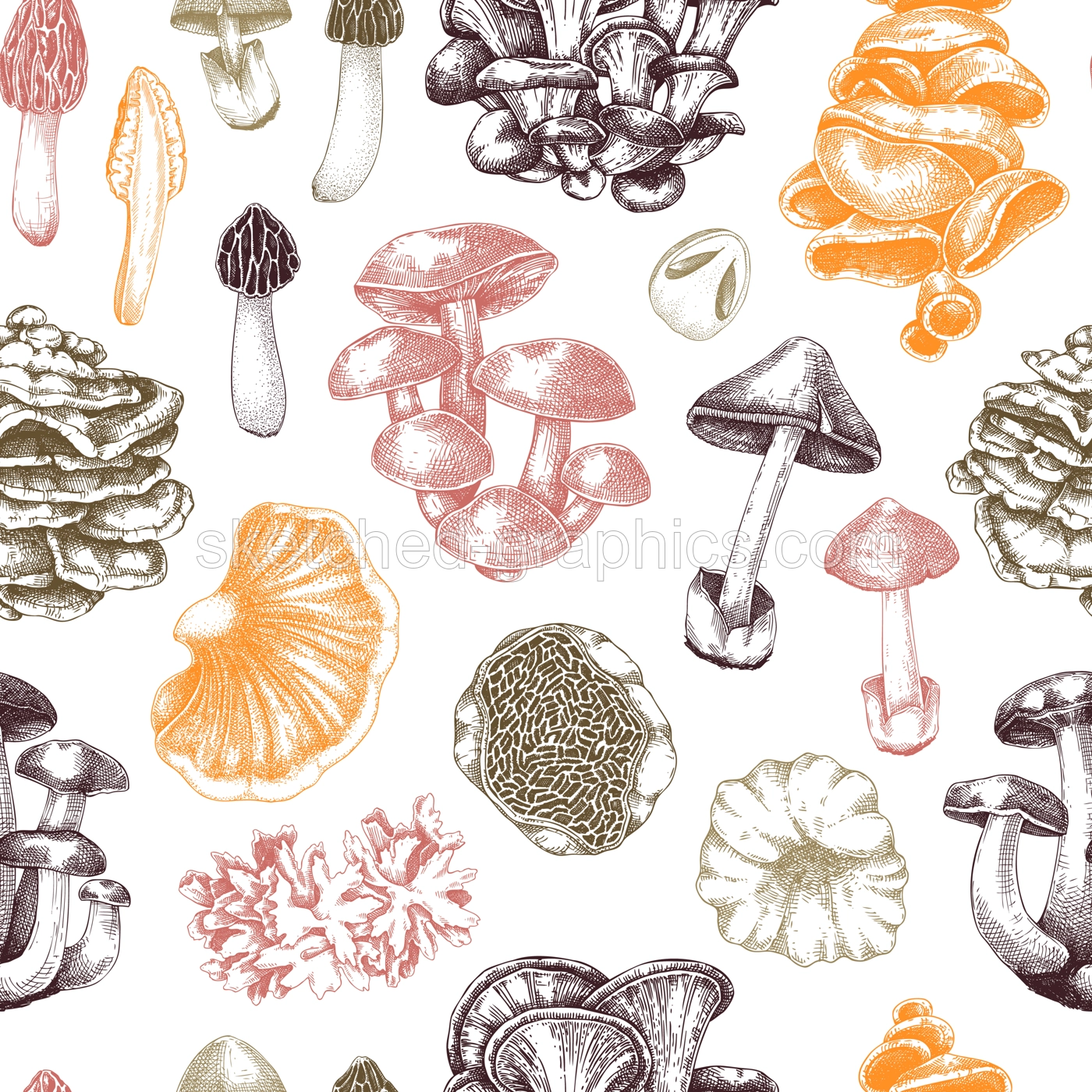 Straw mushroom texture design. Edible fungus background. Fungal protein, mycoprotein source. Edible mushroom seamless pattern. Healthy food and plant-based meat substitutes illustration for packaging Illustration